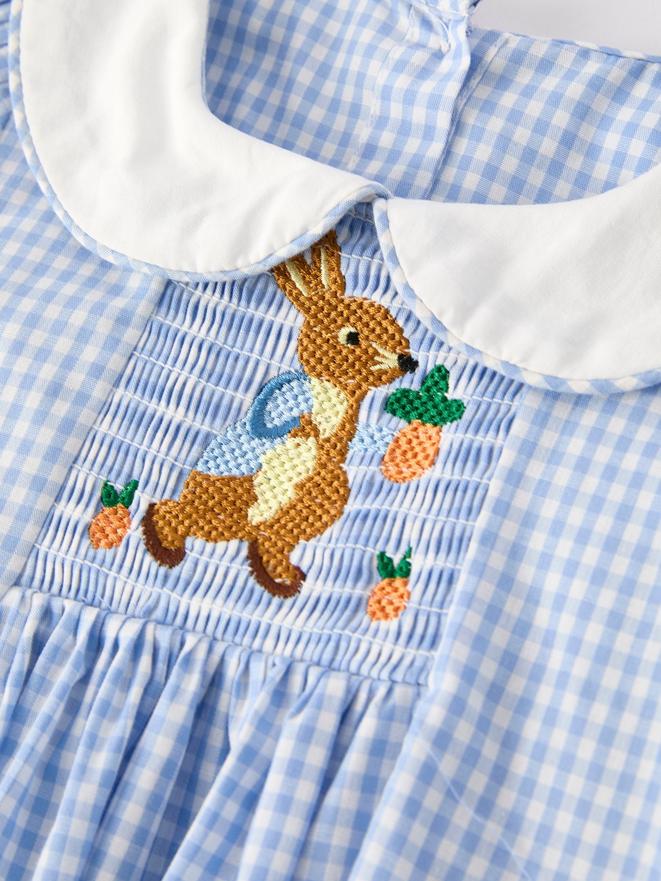 Blue Rabbit Embroidery Plaid Baby Collar Dress