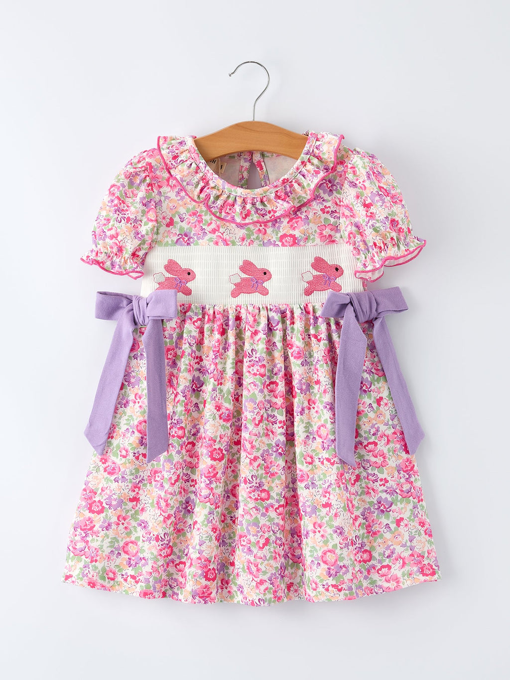 Easter Colorful Floral Bunny Embroidery Bow Ruffle Girl Dress