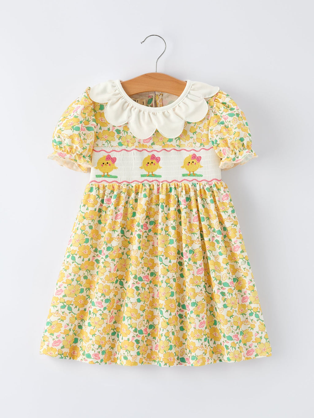 Easter Yellow Chick Embroidery Floral Girl Dress Petal Collar
