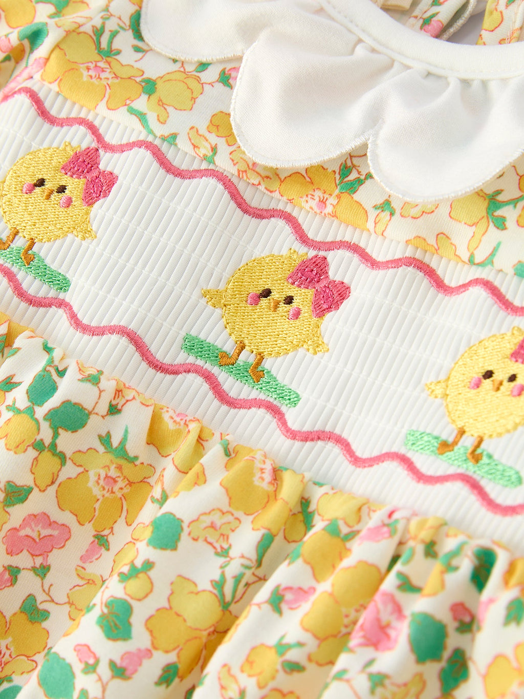 Easter Yellow Chick Embroidery Floral Baby Girl Romper Petal Collar