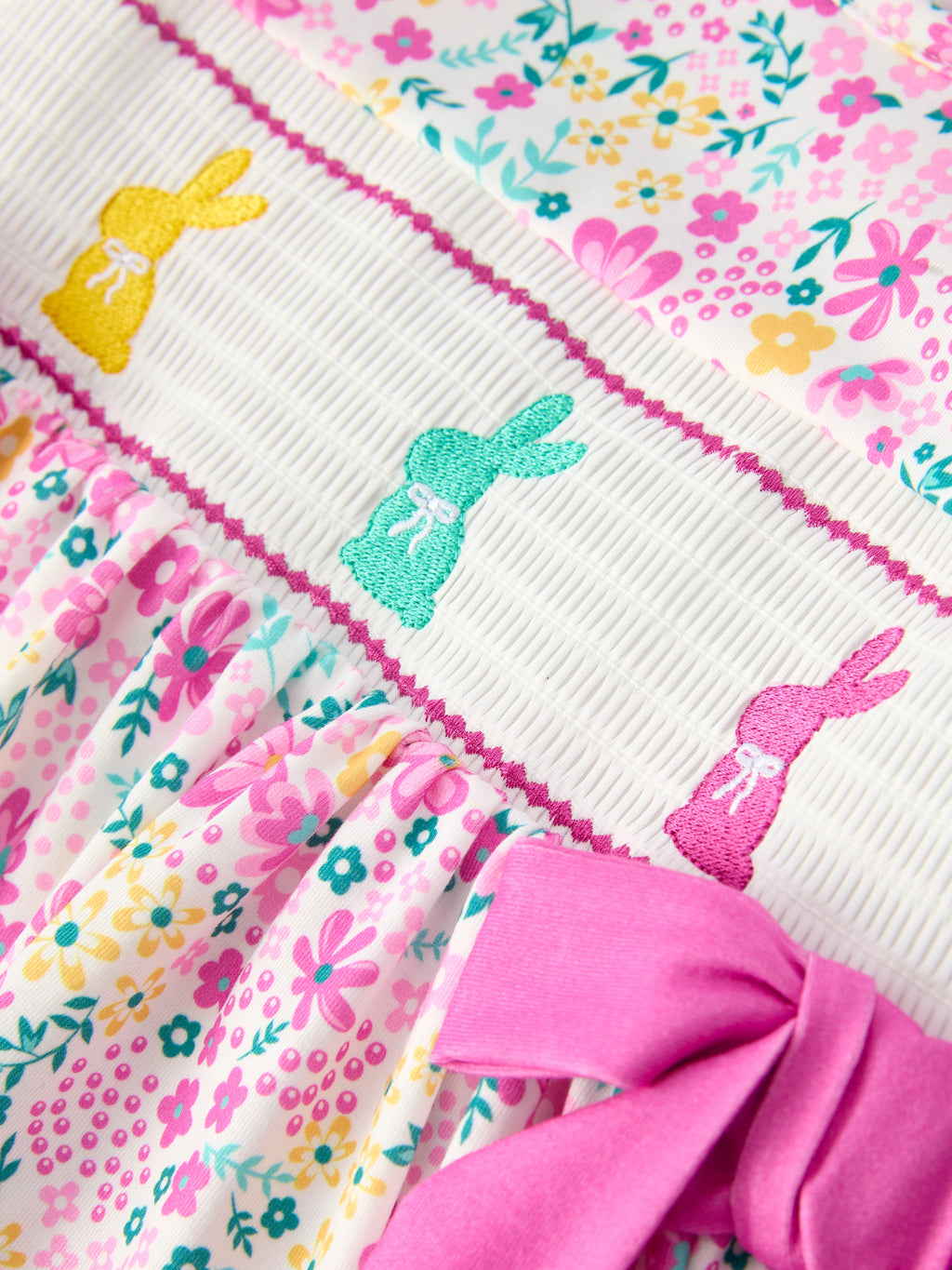Easter Colorful Floral Bunny Bow Smocking Embroidery Girl Dress