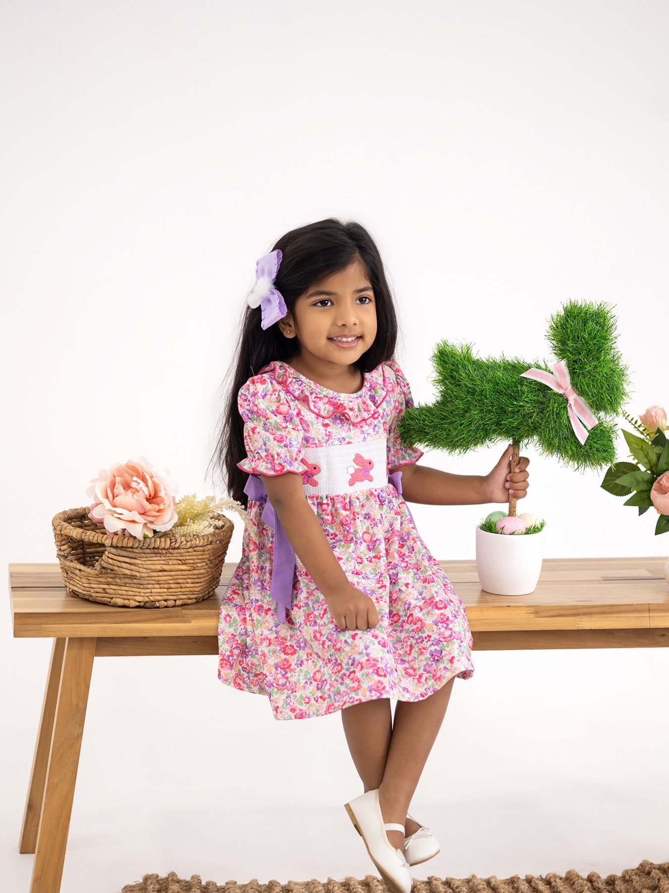 Easter Colorful Floral Bunny Embroidery Bow Ruffle Girl Dress