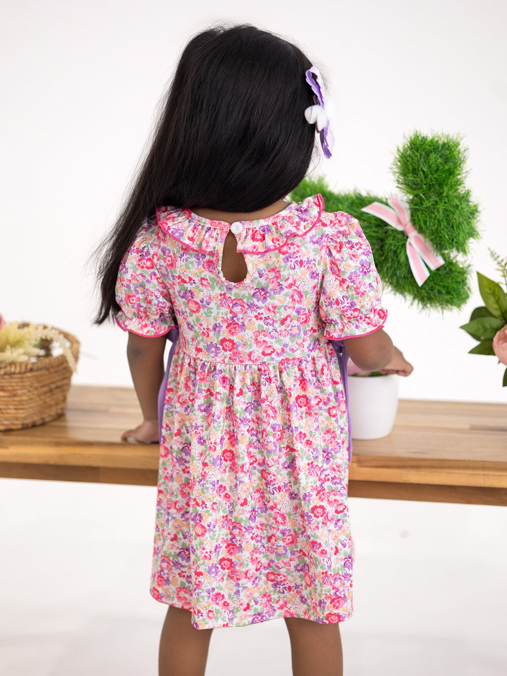 Easter Colorful Floral Bunny Embroidery Bow Ruffle Girl Dress