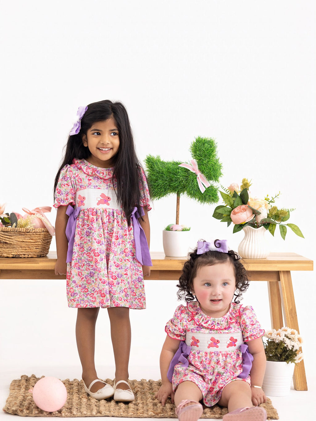 Easter Colorful Floral Bunny Embroidery Bow Ruffle Girl Bloomer Set