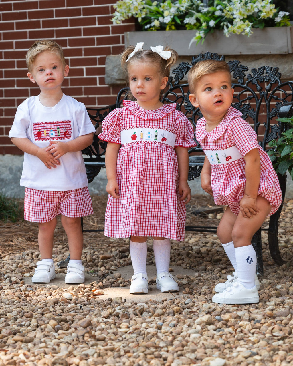 School Supplies Smocked Red Windowpane Boy Bubble- FINAL SALE
