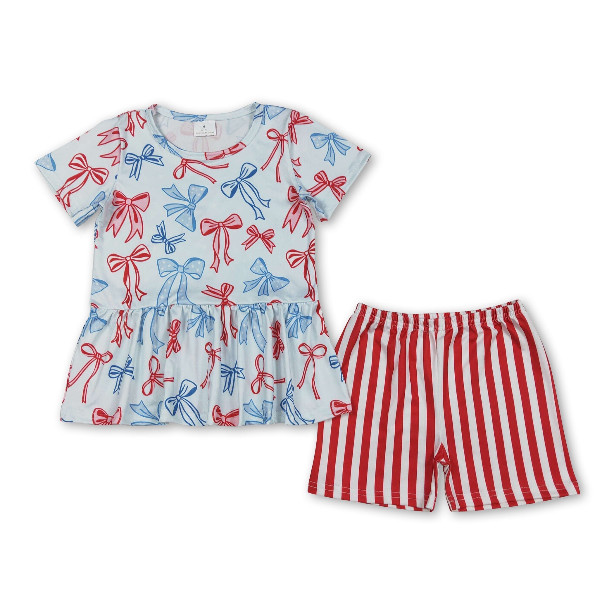 Red Blue Bow Peplum Stripe Short Set