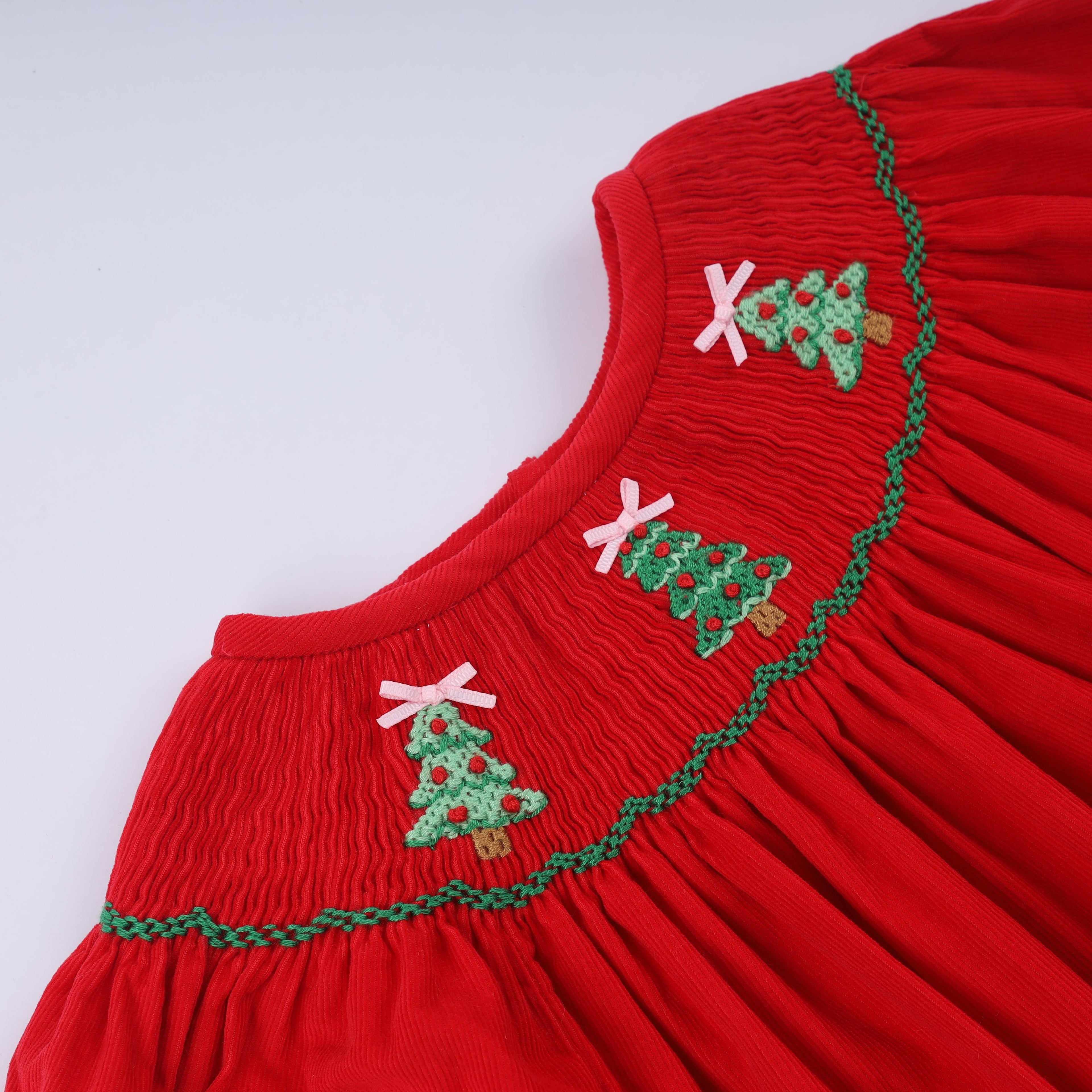 Red christmas tree hand smocked dress – OkieLee Children's Boutique