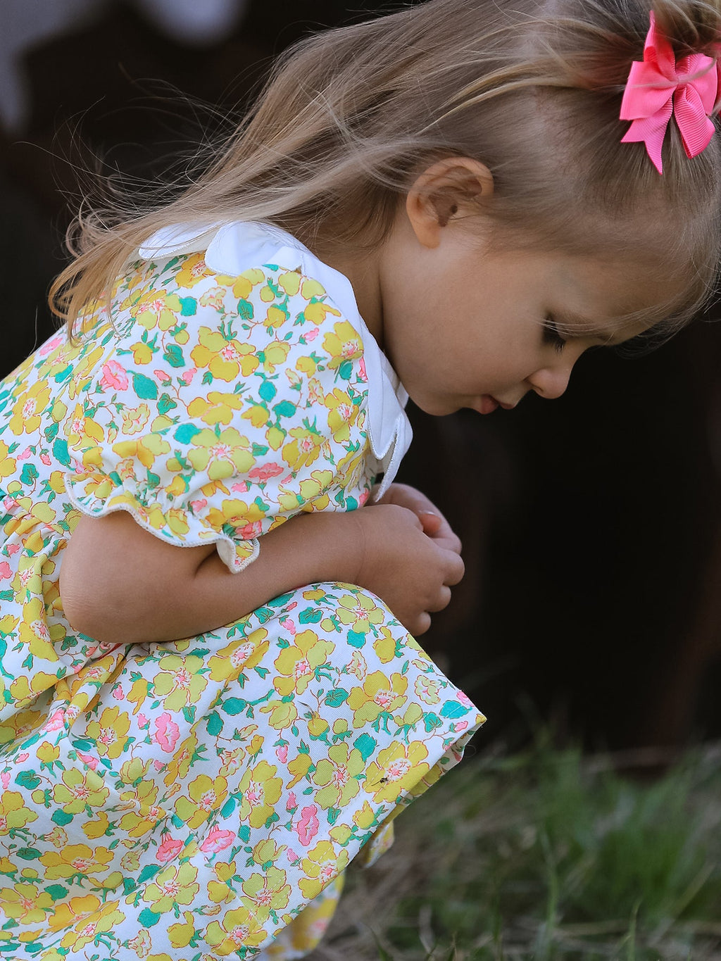 Easter Yellow Chick Embroidery Floral Girl Dress Petal Collar