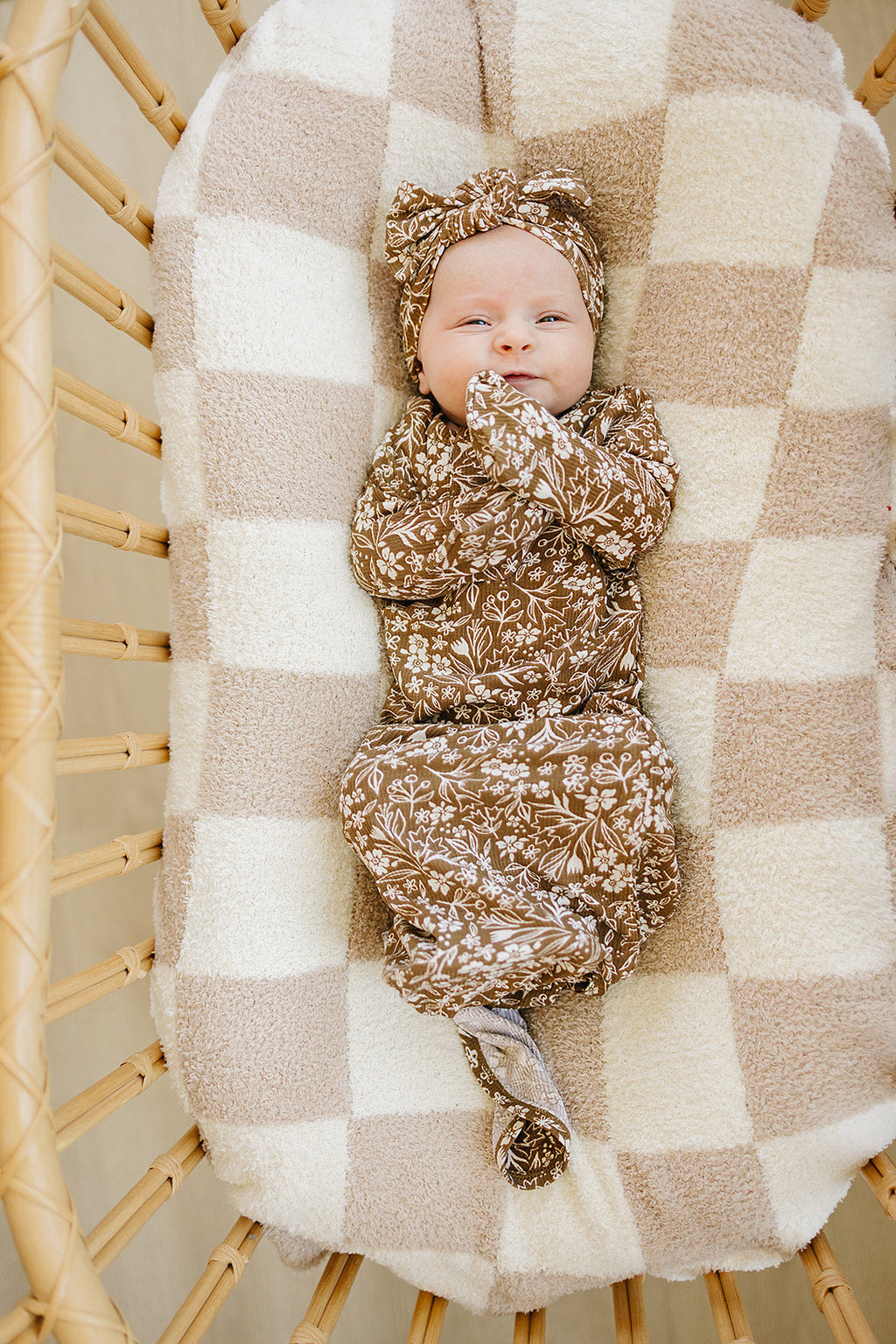 Brown Floral Ribbed Bamboo Knot Gown