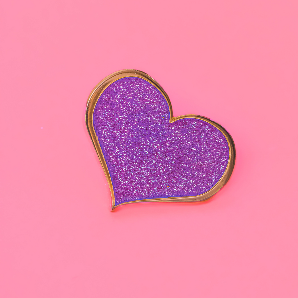 Purple Enamel Pin - Glitter Heart Hard Enamel Lapel Badge Accessory