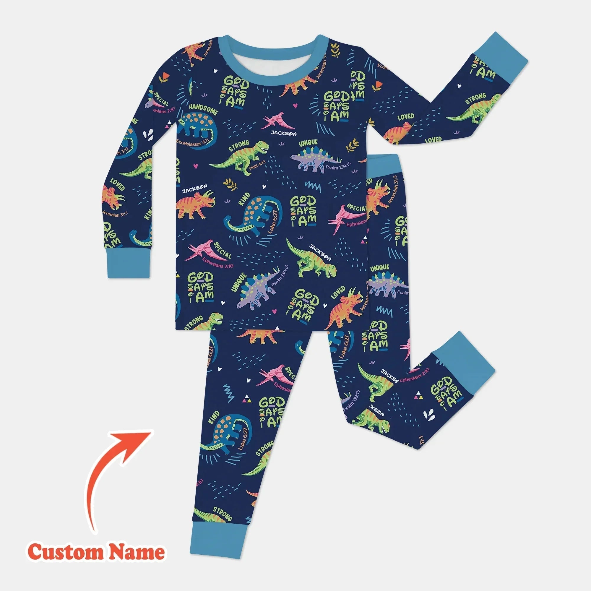 Custom Name God says I am Dinosaur Bamboo Two Piece Long Sleeve Pajama Set