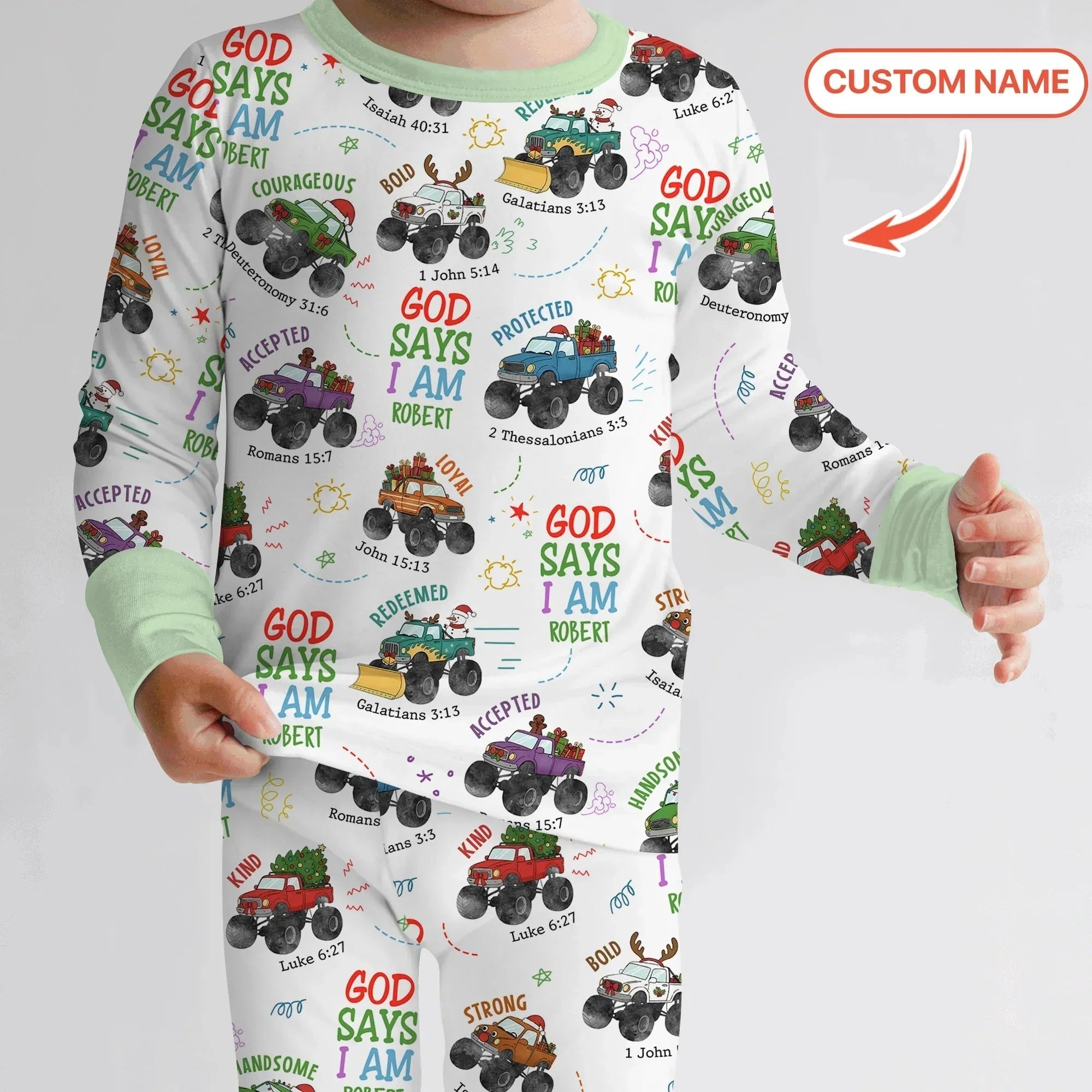 Personalized God Says I Am Christmas Monster Truck Bamboo Two Piece Long Sleeve Pajama Set