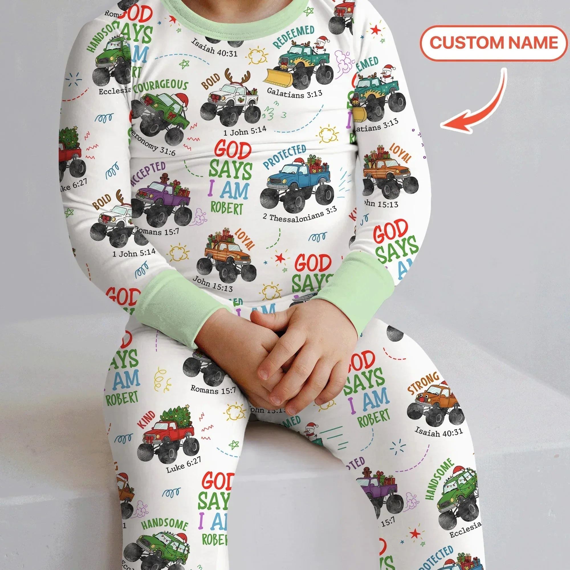 Personalized God Says I Am Christmas Monster Truck Bamboo Two Piece Long Sleeve Pajama Set