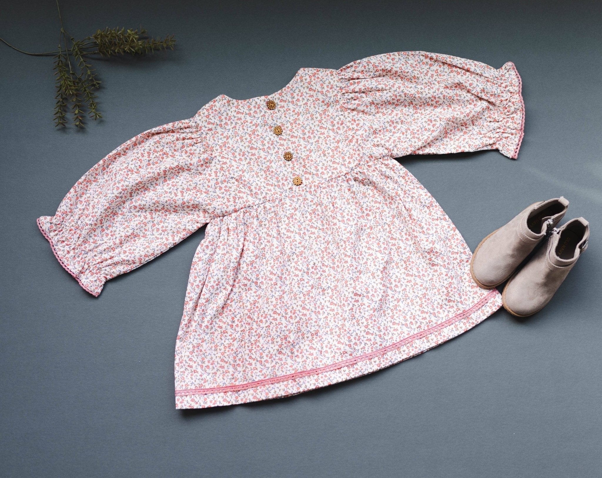 Pink Ditsy Floral Corduroy Dress | Girls’ Lace Trim Dress