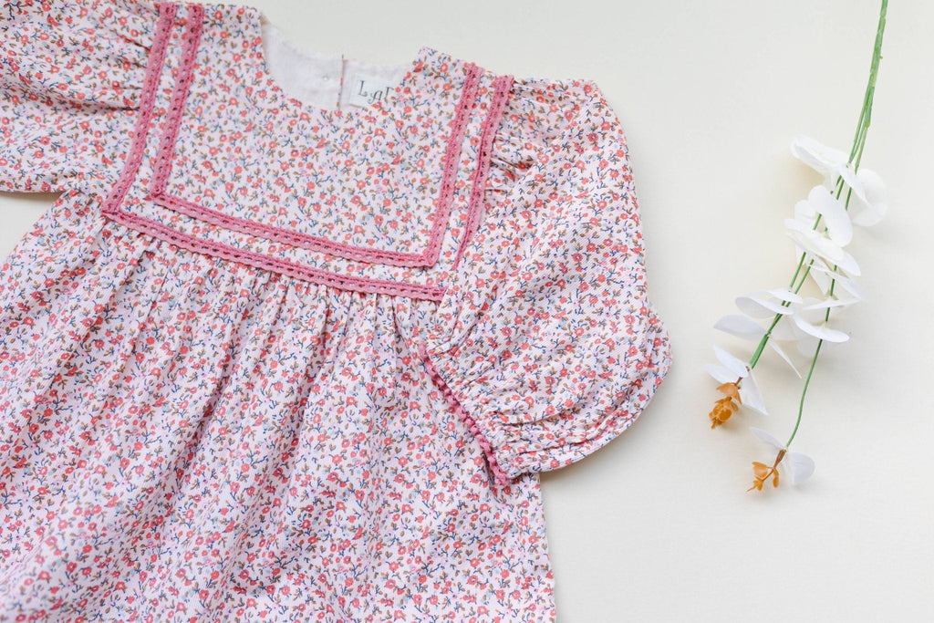 Pink Ditsy Floral Corduroy Romper | Girls' Lace Autumn Romper