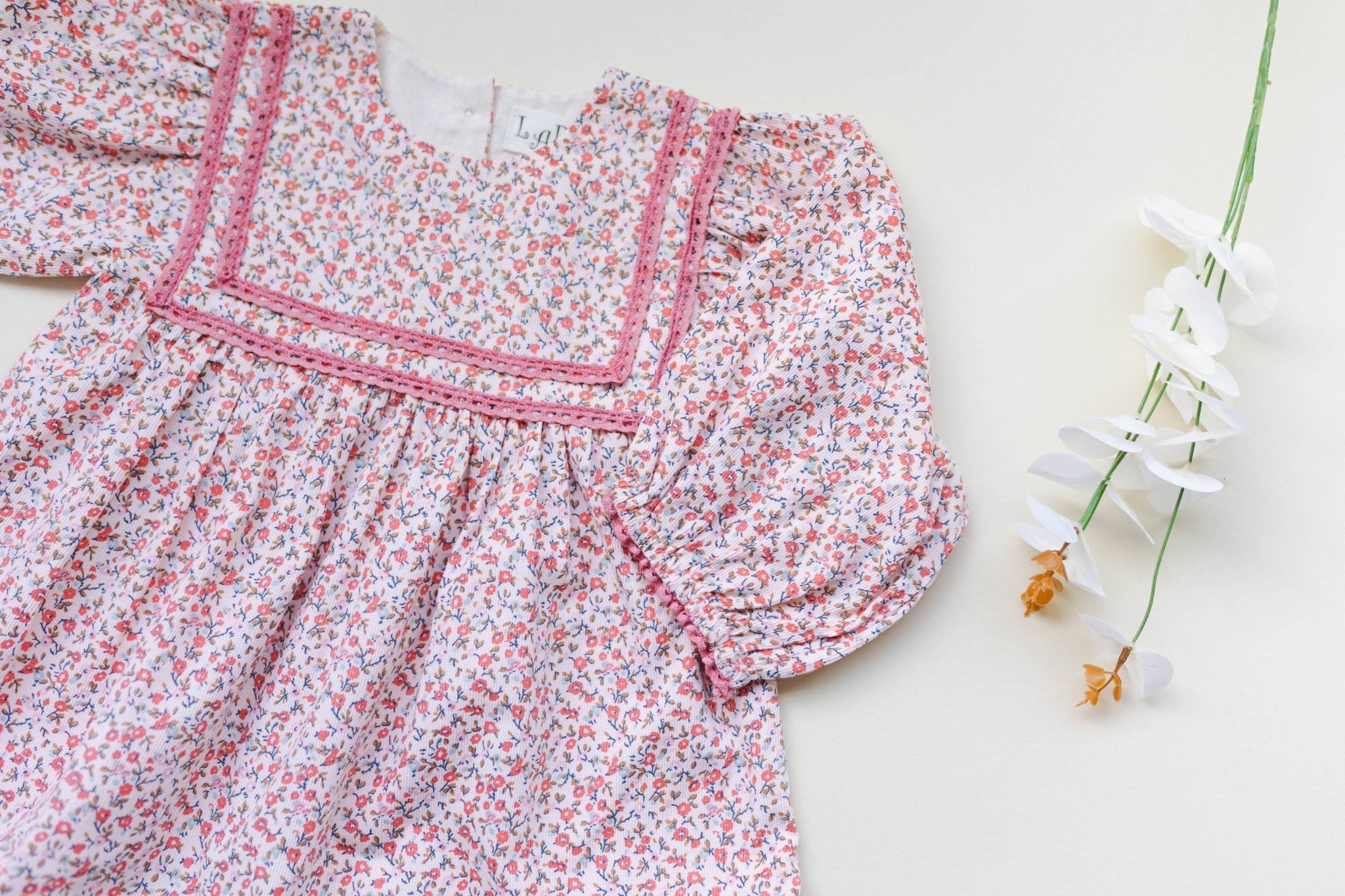 Pink Ditsy Floral Corduroy Romper | Girls' Lace Autumn Romper